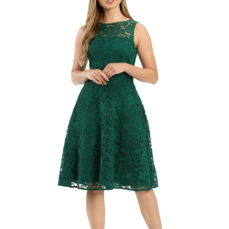 Lady divat ujjatlan zöld midi csipke ruha